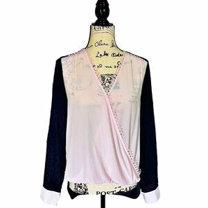 NWT L’AGENCE Perry Sheer Silk Two-Tone V-Neck Criss-Cross Blouse Size S